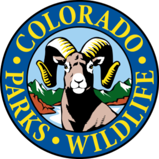 Colorado Parks and Wildlife logo drawing of bighorn sheep on mountain background