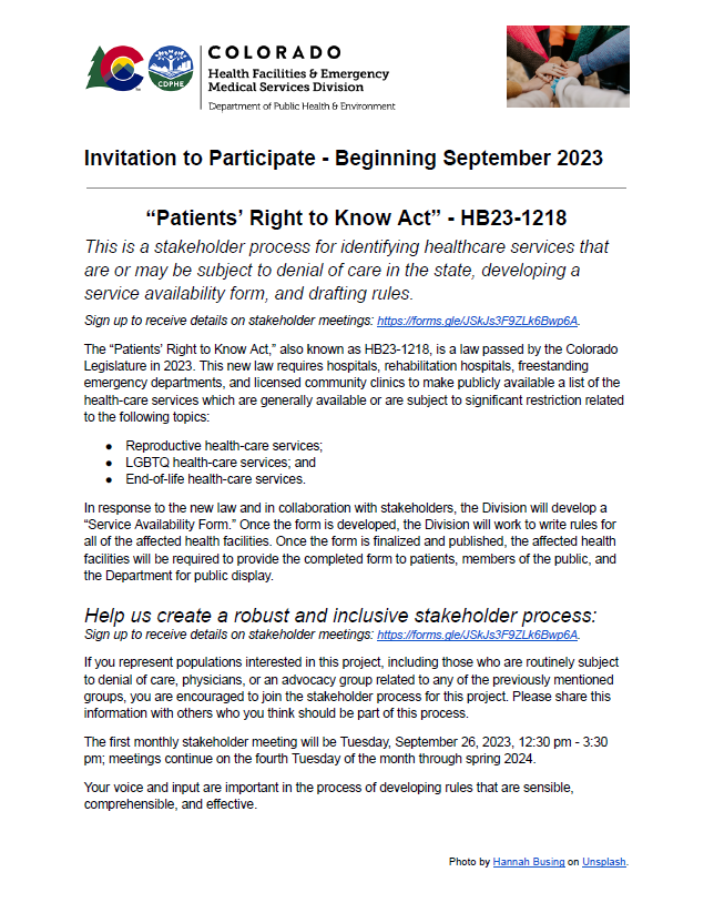 Invitation to Participate - Beginning September 2023  “Patients’ Right to Know Act” - HB23-1218