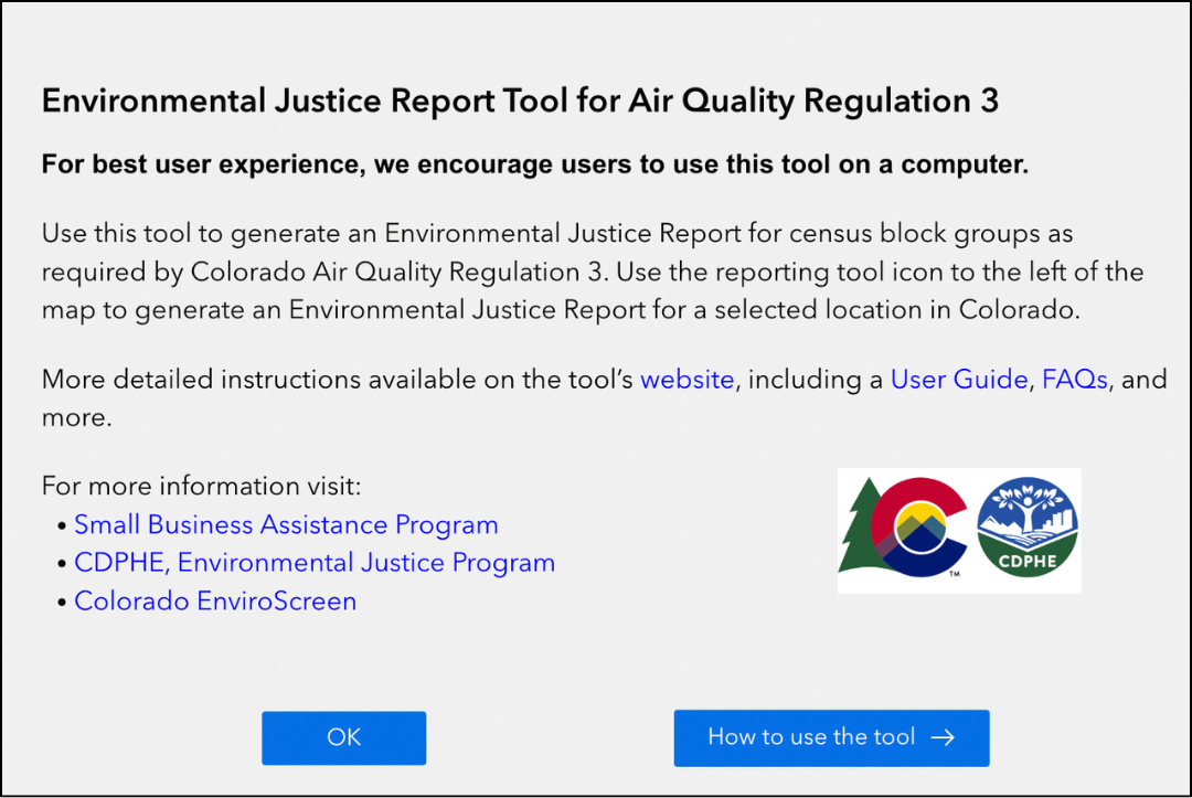 The splash screen on the Environmental Justice Report Tool for Air Quality Regulation 3.