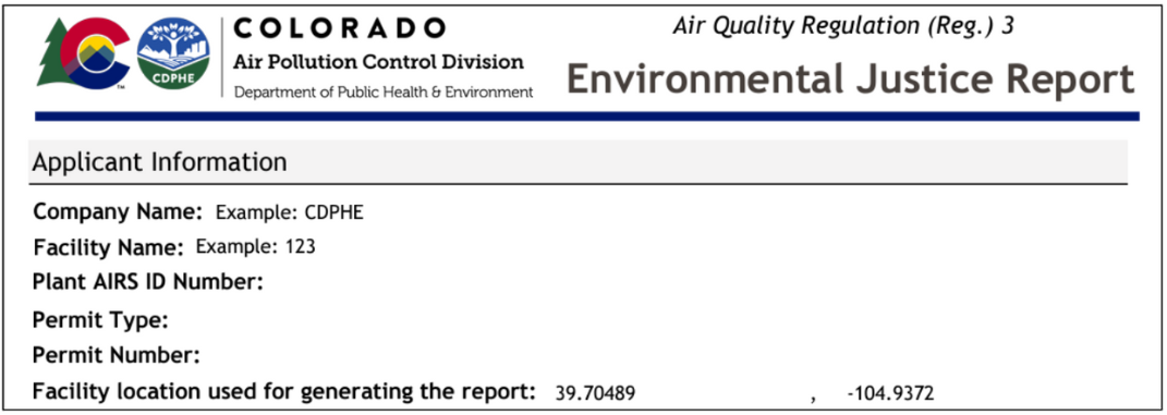 Example of the Applicant Information section of a completed Environmental Justice Report.