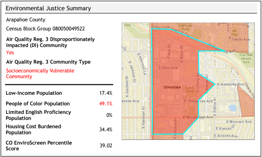 Example of the Environmental Justice Summary section of a completed Environmental Justice Report.