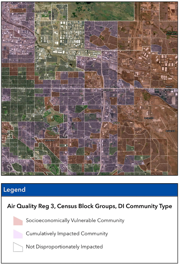 The Environmental Justice Report Tool’s satellite map and legend, which shows Socioeconomically Vulnerable Communities, Cumulatively Impacted Communities, and non-Disproportionately Impacted Communities by census block group.