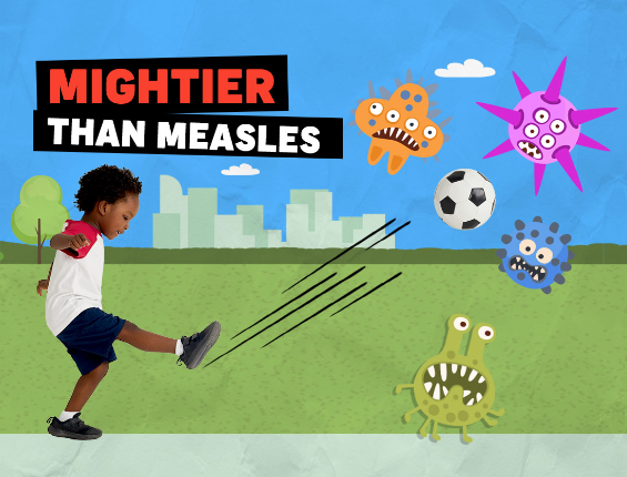 little boy kicking soccer ball with cartoons of viruses and bacteria getting kicked away too.