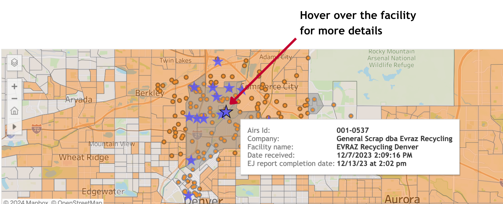 Individual information for a selected facility in the database.