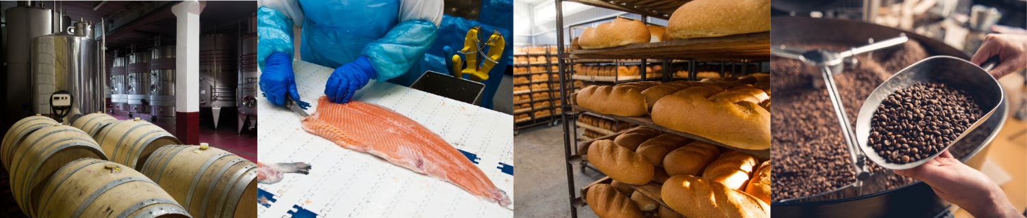 Wine barrels, fish, bread, coffee