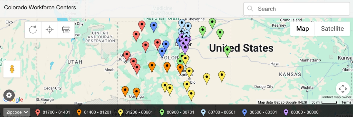 Screenshot of CDLE's workforce center map