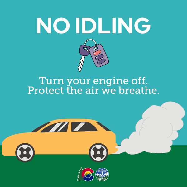 Turquoise background. Car with emissions and text that says "No idling. Turn your engine off. Protect the air we breathe."