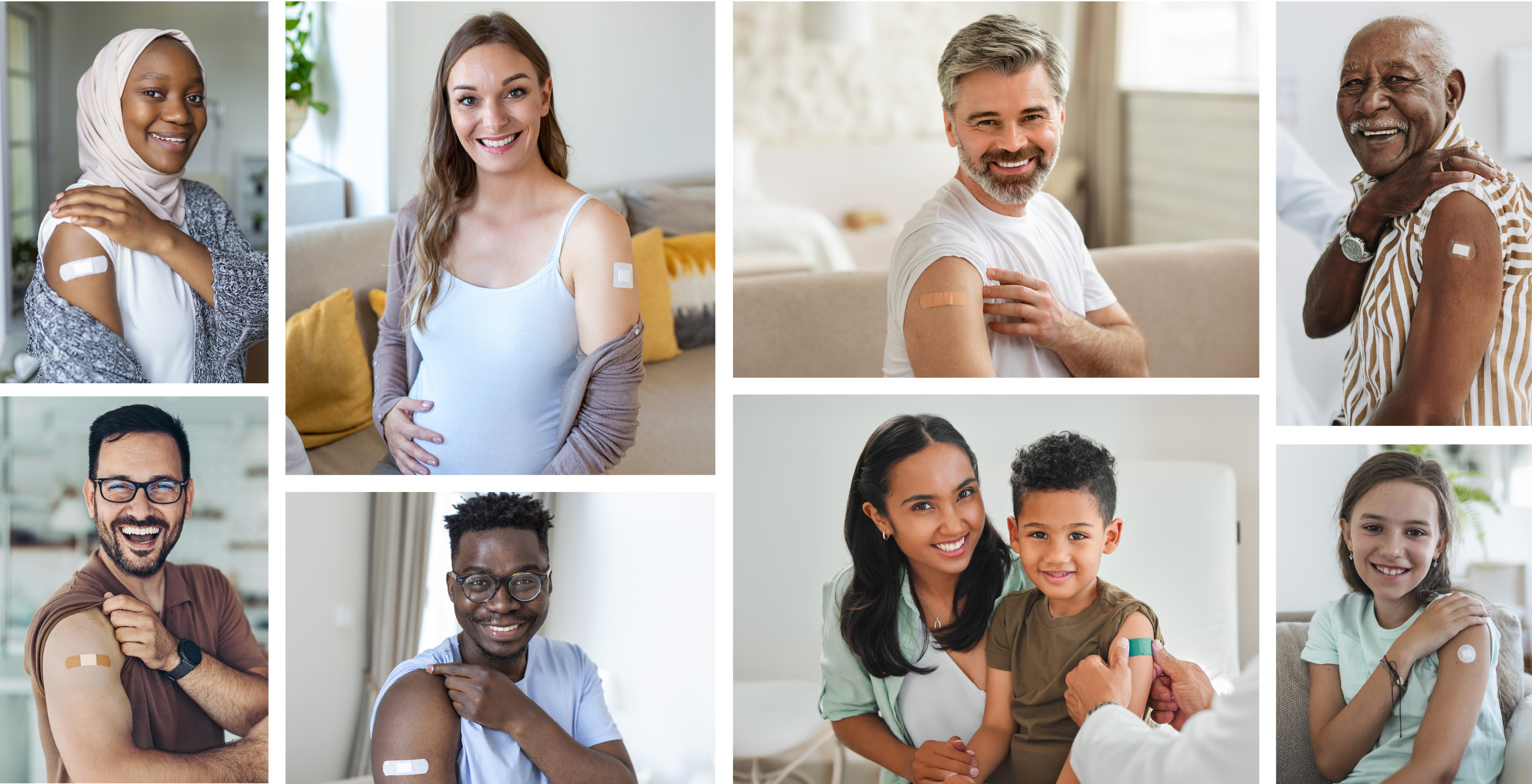 Collage of diverse people with vaccine bandaids on their arms