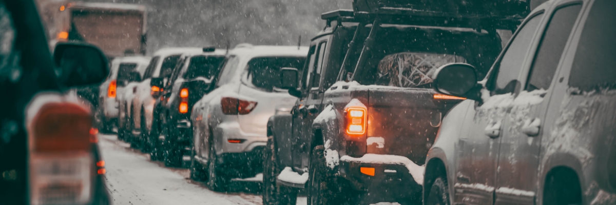 snowy mountain traffic jam along Highway 70 in the Colorado