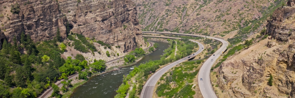 Railroad, I-70, and Colorado River in Glenwood Canyon, Colorado