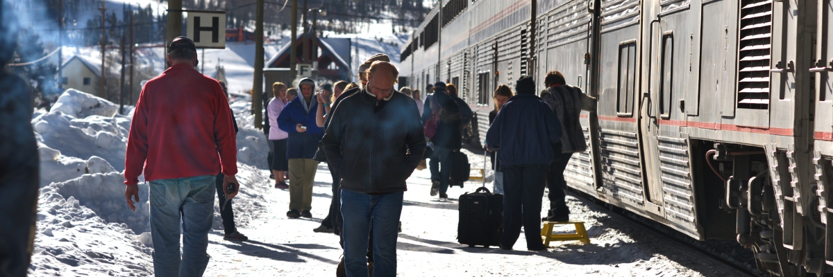 Passengers disembark train at the Winter Park Ski Resort