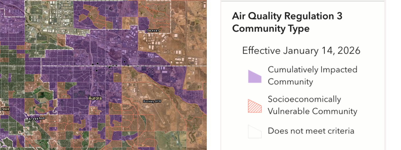 The Environmental Justice Report Tool’s satellite map and legend, which shows Socioeconomically Vulnerable Communities, Cumulatively Impacted Communities, and non-Disproportionately Impacted Communities by census block group.