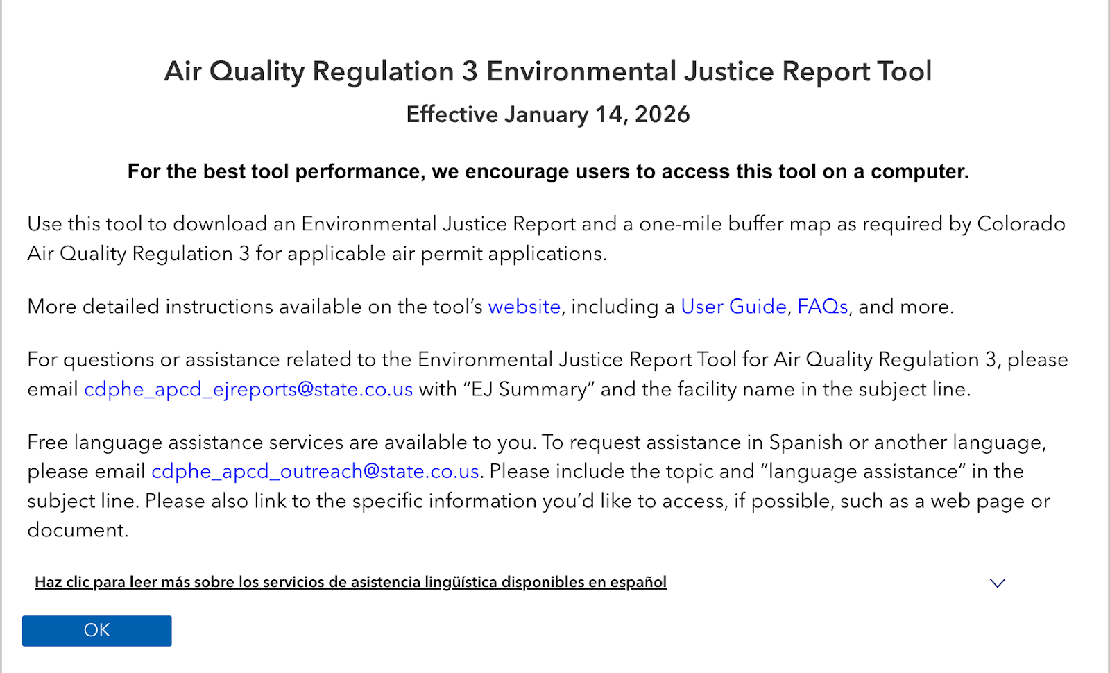 The splash screen on the Environmental Justice Report Tool for Air Quality Regulation 3.