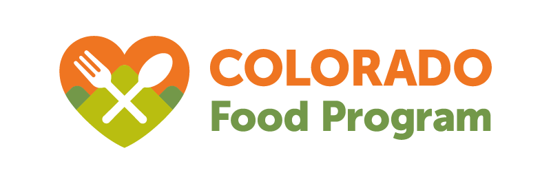 Colorado Food Program logo. A heart shape filled with an illustration of mountains with a fork and spook criss crossed over them.