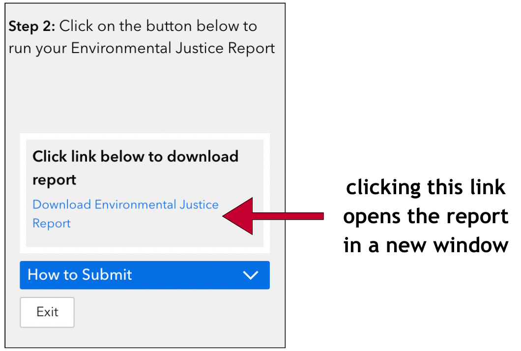  The link to Download Environmental Justice Report that appears once the report is ready to download.