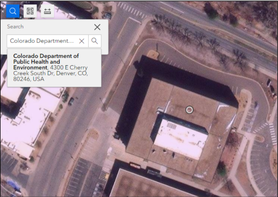 An aerial view of CDPHE in the Environmental Justice Report Tool located using the tool’s search bar and CDPHE’s address.