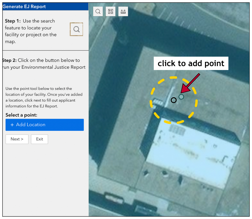 The Point Selector Tool within the Environmental Justice Report Tool.