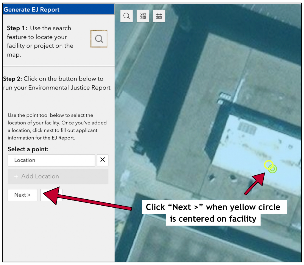 A facility selection point in Environmental Justice Report Tool.