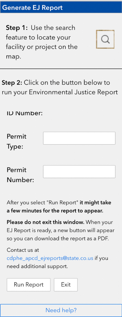 A section where the user can optionally add additional information about the specific facility and/or permit before generating the Environmental Justice Report.