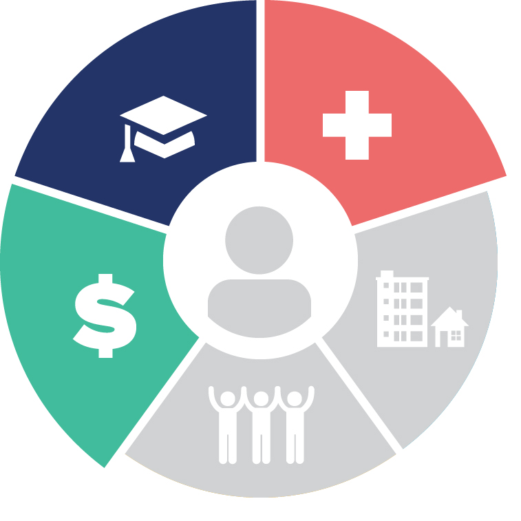 Social Determinants of Health dial graphic; Economic Stability, Education Access, and Health Care Access section highlighted