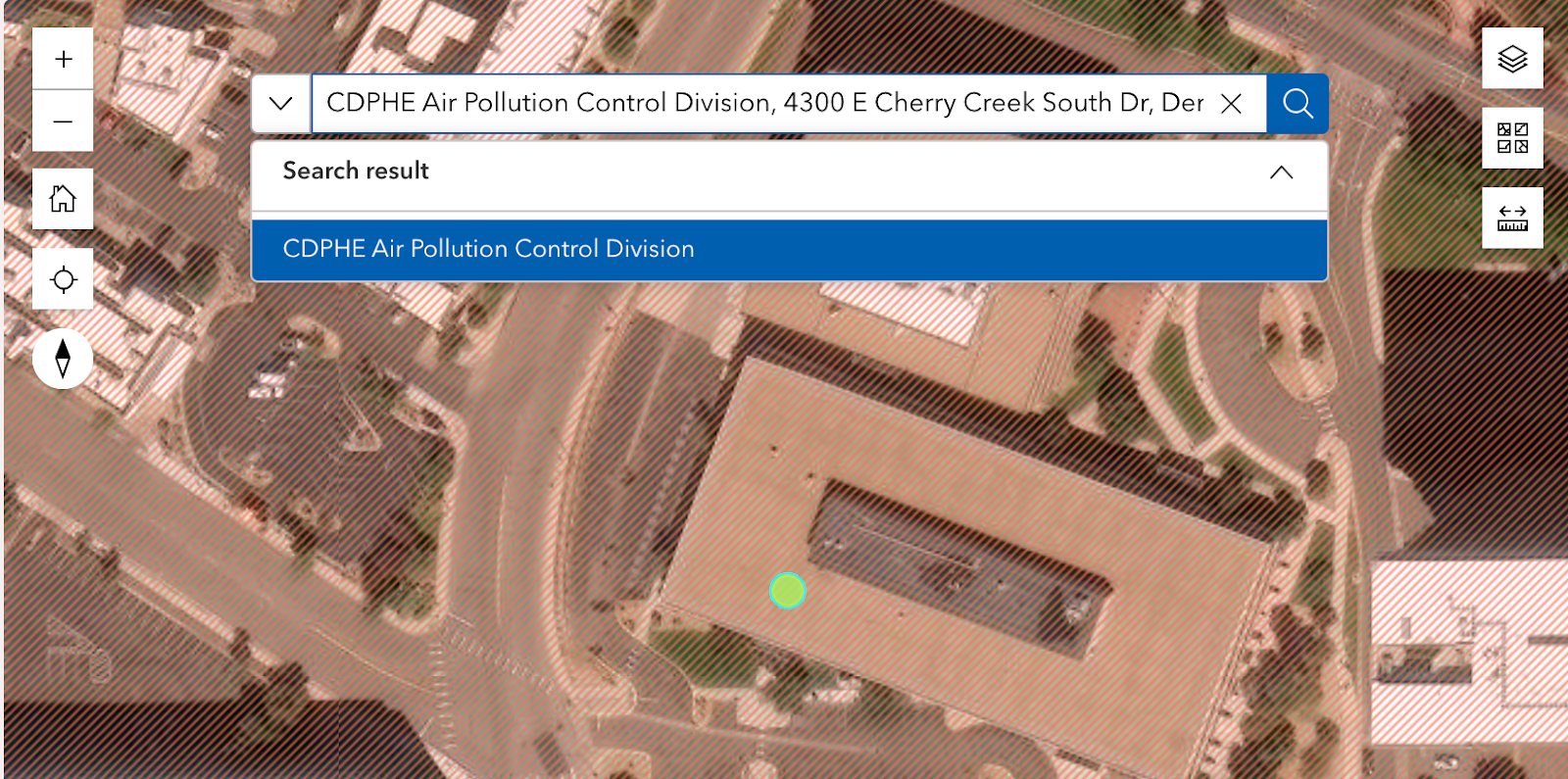 An aerial view of CDPHE in the Environmental Justice Report Tool located using the tool’s search bar and CDPHE’s address.