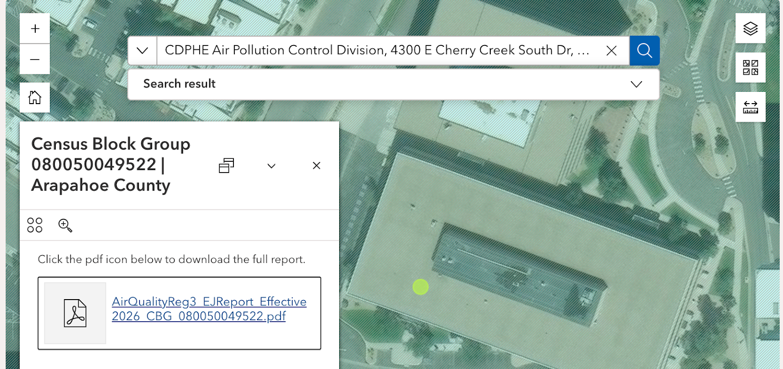 The link to Download Environmental Justice Report that appears once the report is ready to download.