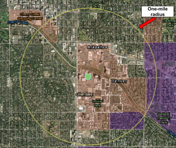 The location button and a one-mile radius aerial map in the Environmental Justice Report Tool.