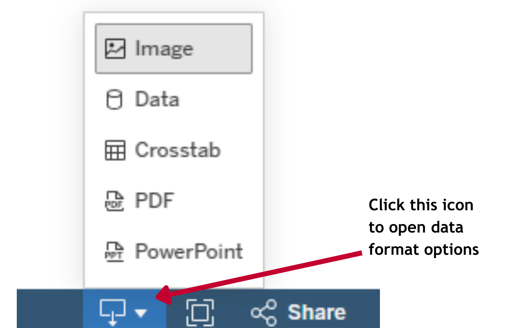 A menu to select data formats of Environmental Justice Summary data generated.