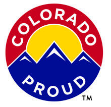 Colorado Proud food label is a circle with blue mountains, a yellow sun setting behind them and the words "Colorado Proud"