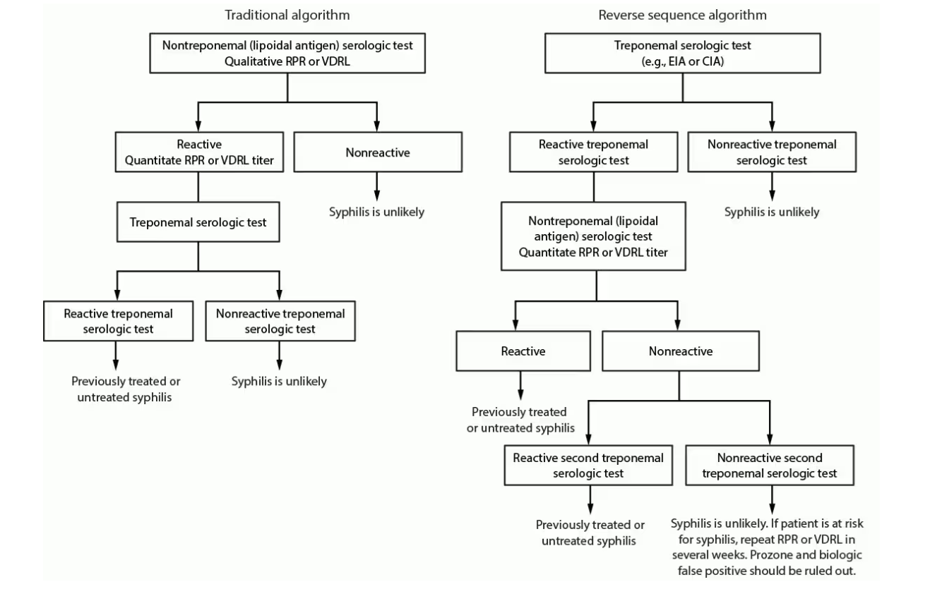 A flowchart showing a traditional syphilis screening algorithm and a reverse sequence algorithm.