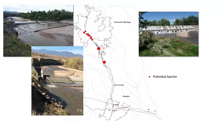 Examples of diversion fish passage structures and a map showing where the diversion structures will be constructed along a tributary to Fountain Creek.