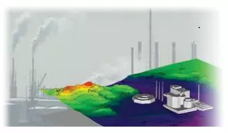 Illustration of AERMOD dispersion model output showing emission sources and pollution locations