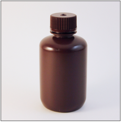 A 125 mL brown plastic bottle with a plastic screw cap.