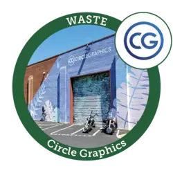 Circle Graphics award winner, warehouse door with Circle Graphics logo, mural and two motorcycles