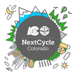 NextCycle Colorado logo, circle with mountains, trees and buildings around it