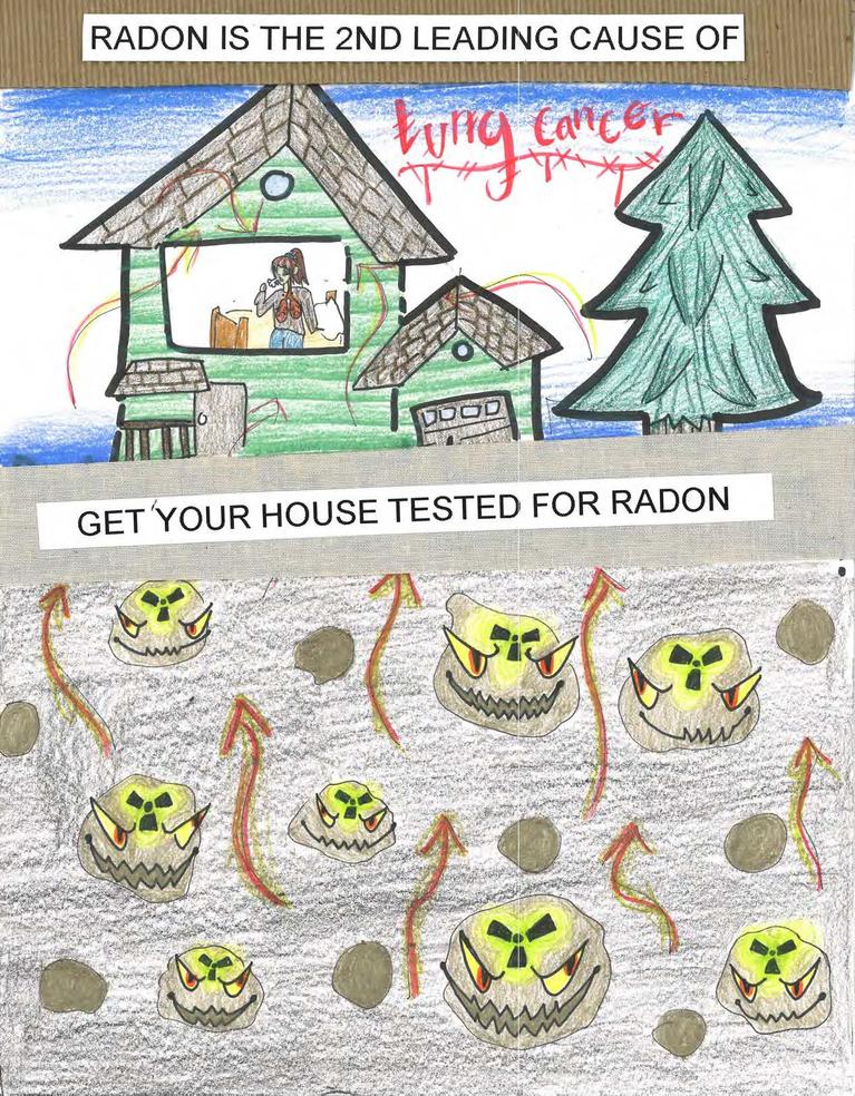 Childs drawing describing how radon underground can cause lung cancer.