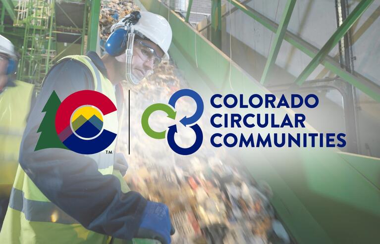 Colorado Circular Communities logo over photo of recycling plant