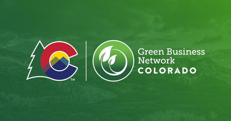 Colorado Green Business Network logo over images of mountains