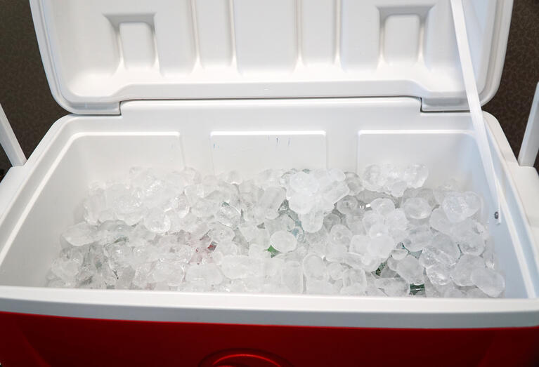 Ice in a red cooler box