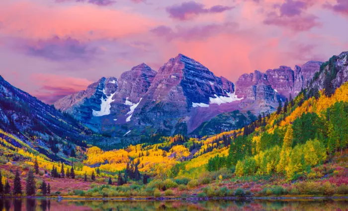 View of maroon bells from the lake. Very colorful scenery
