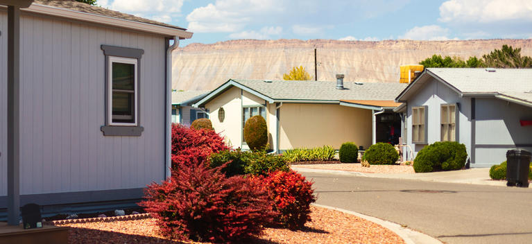 Manufactured homes along a paved street in Grand Junction, Colorado