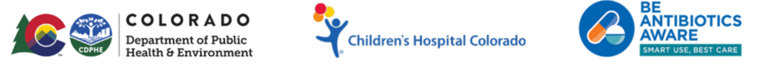cdphe, children's, and be antibiotics aware logos