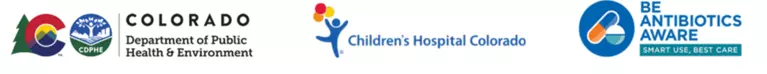 cdphe, children's, and be antibiotics aware logos