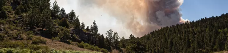 Smoke from a wildfire drifts over tree covered mountains