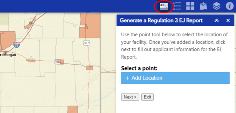 Screenshot of APCD's Environmental Justice Report Tool, with icon circled to generate a Regulation 3 EJ Report
