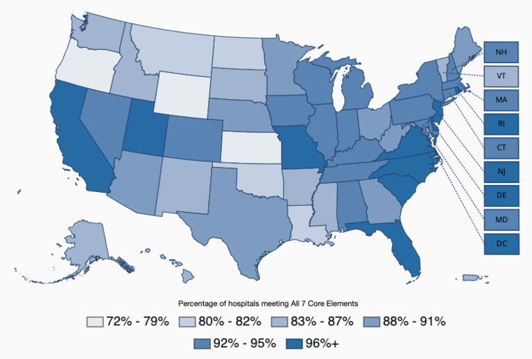 This map shows the variation by state in the percentage of U.S. hospitals that report implementation of CDC’s Core Elements of hospital antibiotic stewardship programs by year.