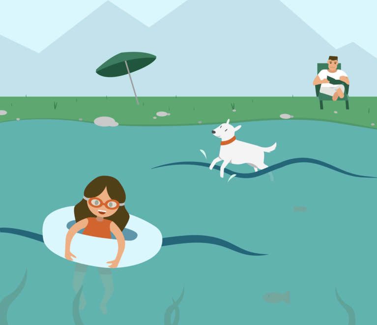 A family and their dog enjoy themselves at a mountain lake